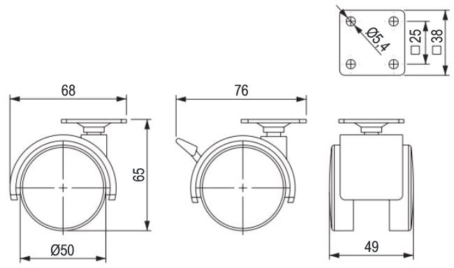 4x Lenkbare Möbelrolle mit weicher Walze | Ø 50 mm