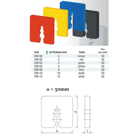 Distanzklötze 2-15 mm, farbig sortiert, quadratisch 50x50mm