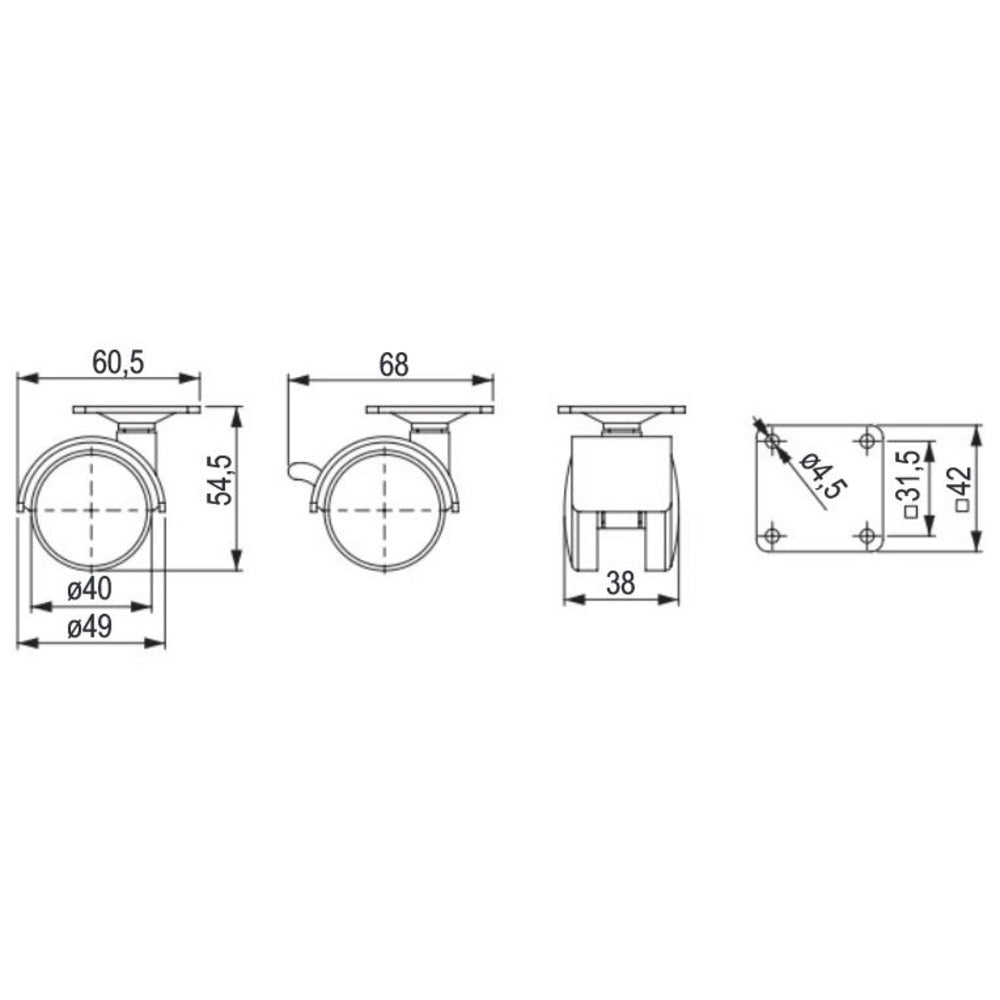 4x Lenkbare Möbelrolle mit Platte | Ø 40 mm