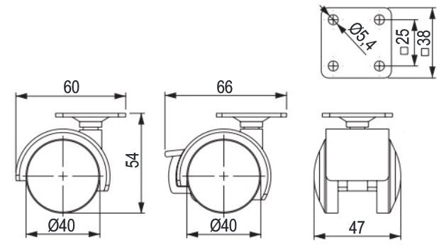 4x Lenkbare Möbelrolle mit weicher Walze | Ø 40 mm